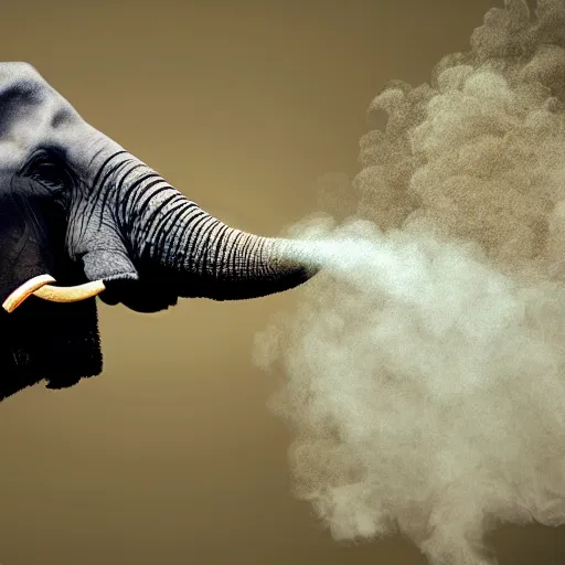 Image similar to ultra realistic photography, picture of ( subject : an elephant blowing smoke ). the scene is set in a gentlemens cigar lounge, a very smokey atmosphere, small thick clouds of cigar smoke, artstation, focus on the elephant, anatomically correct elephant features, extremely detailed and crisply sharp photo, hyperrealistic smoke, canon eos, 4 k