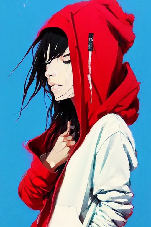 Image similar to a ultradetailed painting of a stylish girl in a oversized hoodie by conrad roset, greg rutkowski and makoto shinkai trending on artstation