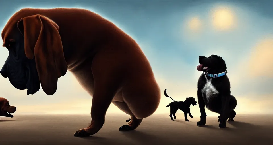 Prompt: a digital painting of a standoff between a very large dog facing a tiny dog, wide open drolling mouth, hyperealism, award winning, stunning, trending on art station, highly detailed, cinematic lighting, 8 k, hd