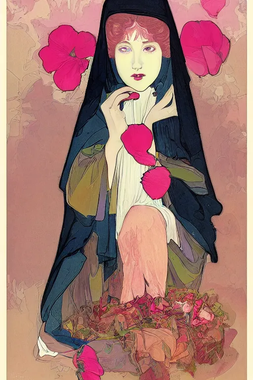 Prompt: a Girl in a large hood sitting on the ground , Slices of orange, cd , microphones ,pink Petals,graphic Design by rella and mucha ,Refreshing colour