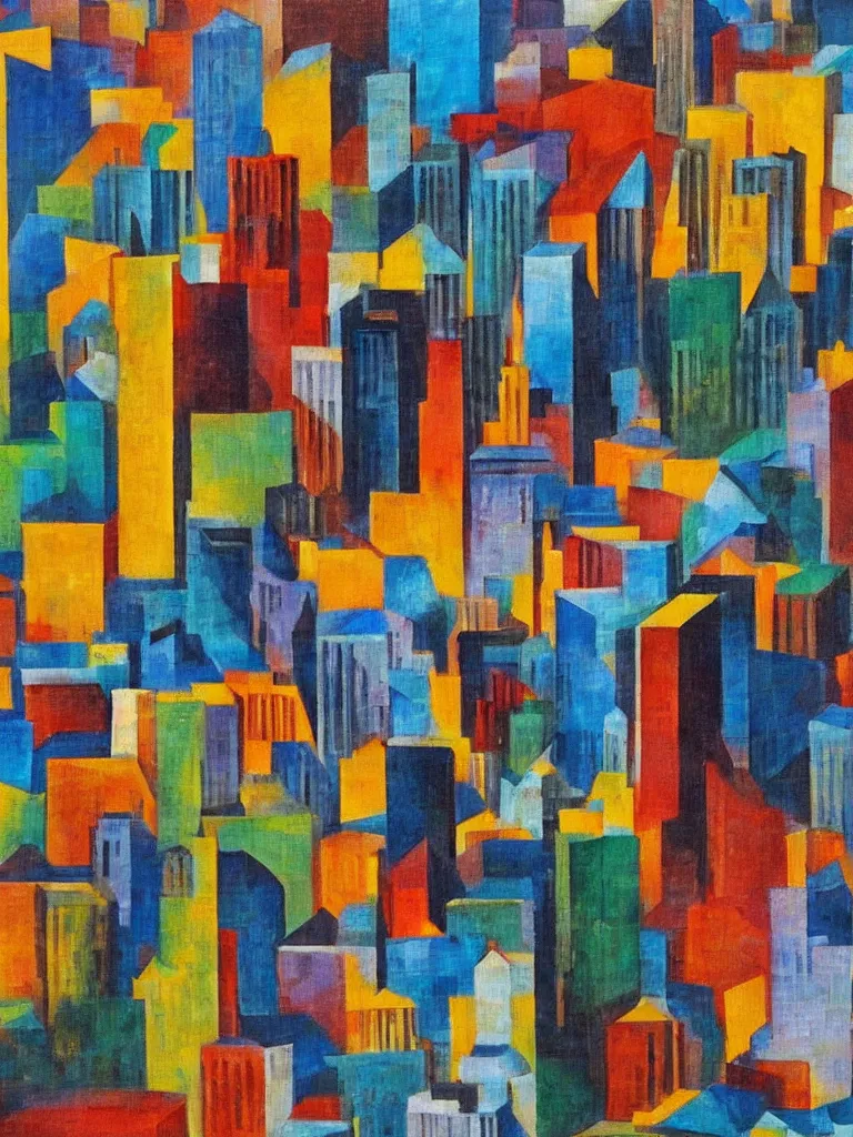 Prompt: a cubism painting of a cityscape by louis lozowick,