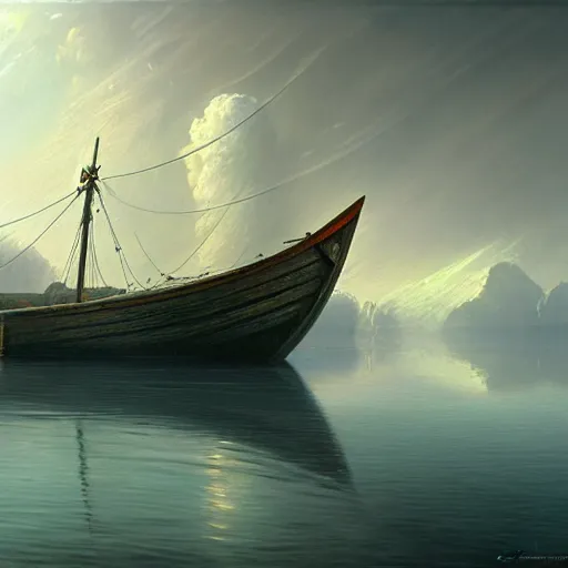 Prompt: a painting of a boat in the water, a detailed matte painting by jarosław jasnikowski, cgsociety, photorealism, matte painting, terragen, vray