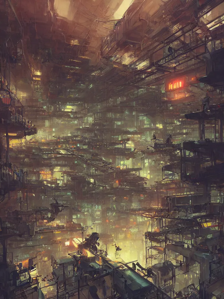 Image similar to concept art of a factory filled with drone workers, grimy, gritty, blade runner 2 0 4 9, trending on artstation, award winning painting, cgi, art by john berkey and anton fadeev and john howe and simon stalenhag