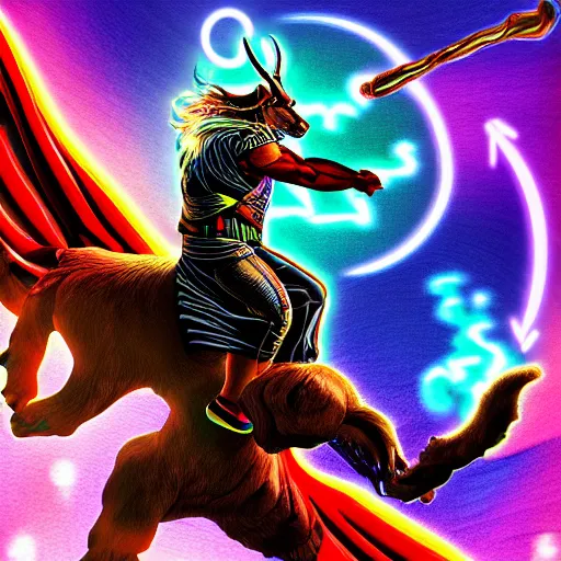 Image similar to Vapor Wave style digital art of Thor riding a big goat, trippy