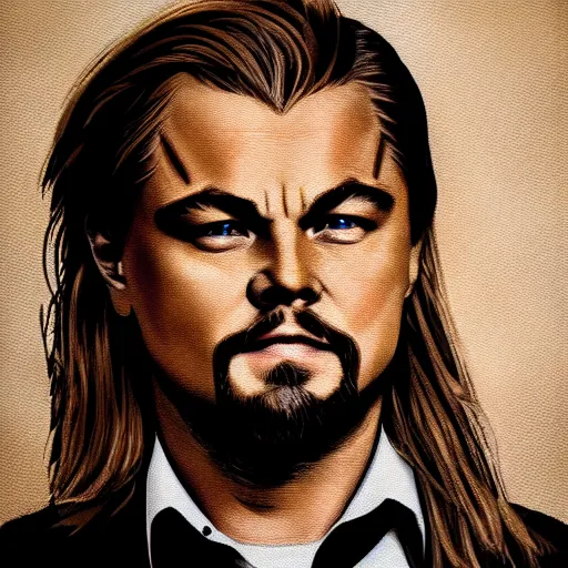 Image similar to Leonardo DiCaprio with a mullet and mustache, portrait, detailed