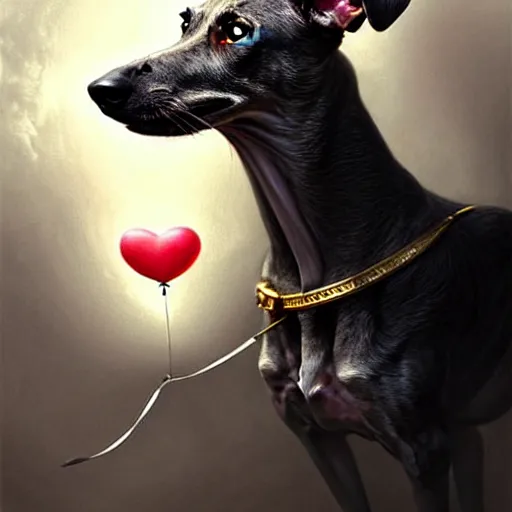 Image similar to a dark brindle greyhound with a grey face is laying down with a happy anniversary balloon floating above him, d & d, fantasy, intricate, elegant, highly detailed, digital painting, artstation, concept art, matte, sharp focus, illustration, hearthstone, art by artgerm and greg rutkowski and alphonse mucha