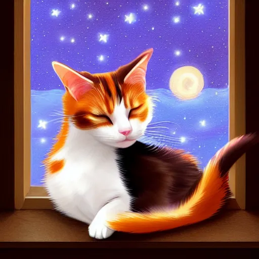 Image similar to two cute multi - colored calico cats sleeping inside a cozy home in the evening, stars shining in the night sky through the window,, artstation, cgsociety, storybook art