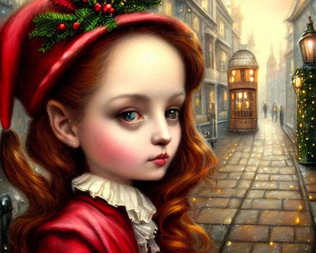 Image similar to closeup profile portrait of victorian london streets, nicoletta ceccoli, mark ryden, lostfish, max fleischer, hyper realistic, artstation, illustration, digital paint, matte paint, vivid colors, bright, cheerful, detailed and intricate christmas environment