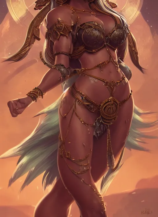 Image similar to a highly detailed illustration of tanned goddess ereshkigal, intricate, elegant, highly detailed, centered, digital painting, artstation, concept art, smooth, sharp focus, league of legends concept art, wlop