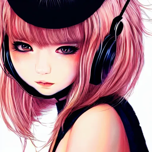 Image similar to realistic beautiful gorgeous natural cute Blackpink Lalisa Manoban blonde hair cute fur blonde cat ears, wearing camisole, wearing headphones, wearing black leather choker artwork drawn full HD 4K highest quality in artstyle by professional artists WLOP, Taejune Kim, Guweiz on Artstation Pixiv