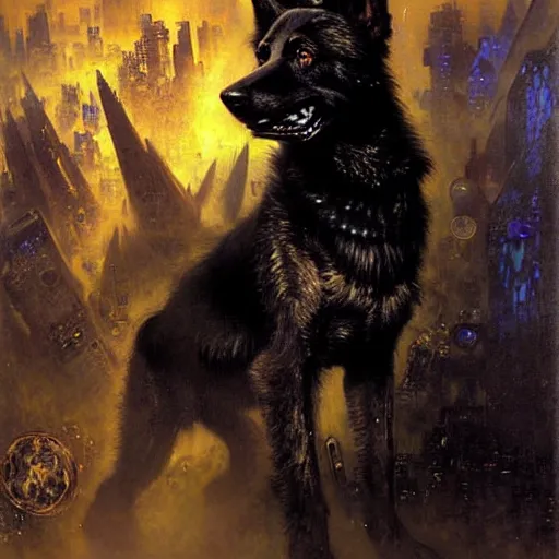 Prompt: portrait black german shepard dogman humanoid!!! bipedal!!! canine neuromancer. spaceship futuristic city. shadowrun cyberpunk fantasy d & d painting by gaston bussiere craig mullins jc leyendecker gustav klimt artgerm greg rutkowski john berkey, bergey, craig mullins, ruan jia, raymond swanland, tom lovell