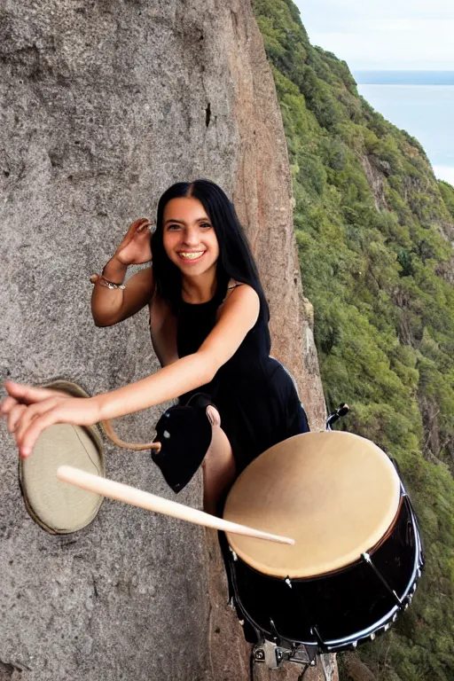 Image similar to Latina girl with long black hair playing drums on the side of a cliff