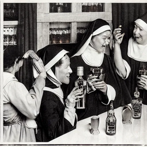 Prompt: a group of nuns enjoying themselves at an adult bar, low light, whiskey bottles, by Norman Rockwell