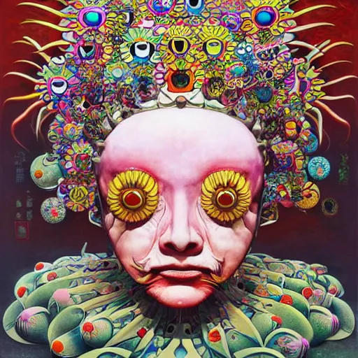 Prompt: the queen's true form by takashi murakami and zdzisław beksiński, full body, oil on canvas, intricately detailed artwork, full 8k high quality resolution, recently just found unknown masterpiece