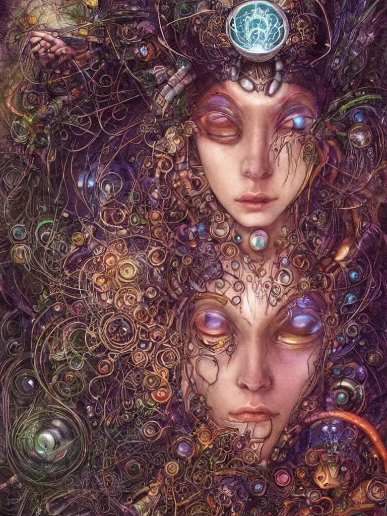 Prompt: an ancient mystical alluring female shaman generating flowing energy and surrounded by wisps of incense smoke meditating in a cybernetic robot temple , face face face, by android jones and brian froud