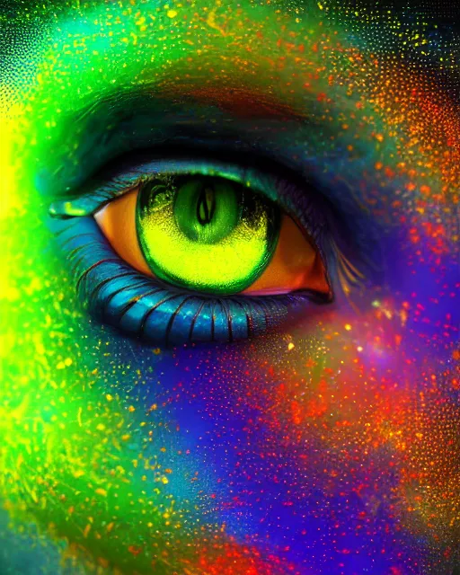 Image similar to a beautiful womans green eye reflecting a sky full of stars, hyper realistic, fractal algorightmic art, art station, coherent design, symmetrical, vivid color, complementary color, golden ratio, detailed, sharp lines, intricate, rainbowshift, in unreal 3 d engine, nvidia optix, ray tracing, octane render