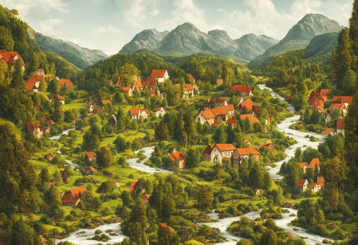 Prompt: a detailed illustration of a small village in the wilderness with a river flowing through it and plenty of trees, above view, artist stefan große halbuer. balanced and aesthetically pleasing colors.