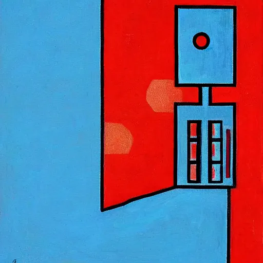 Image similar to symmetrical blue and red, mysterious figure looking at a distant machine, art