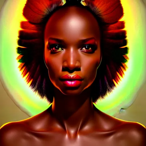 Image similar to centered girlboss portrait of african goddess of nature, symmetrical face, chiaroscuro, iridescent feathers 3 d subsurface scattering, character concept art, by artgerm