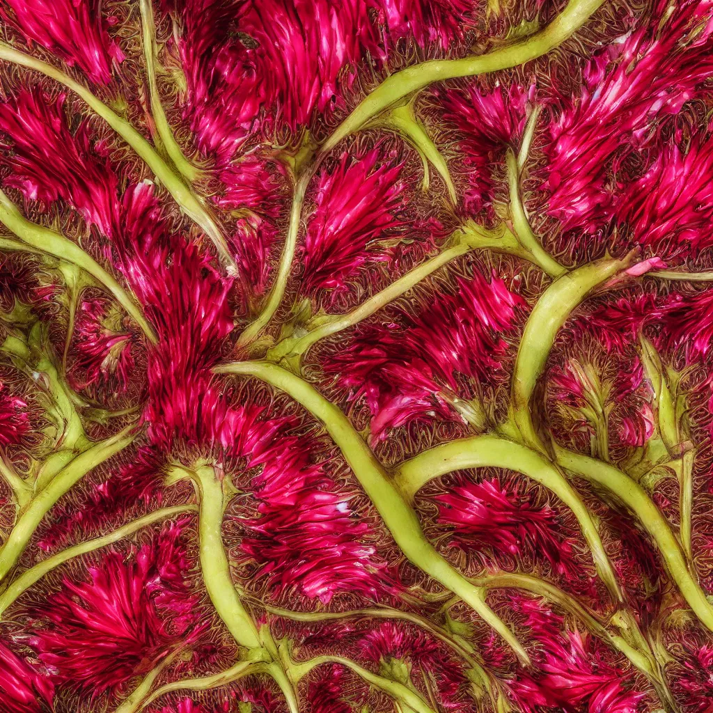 Image similar to high fashion haute couture spiked bananas, and form a complex fractal, cracked, vegetable foliage, with red petals and shiny stems, mesh roots, hyper real, food photography, high quality