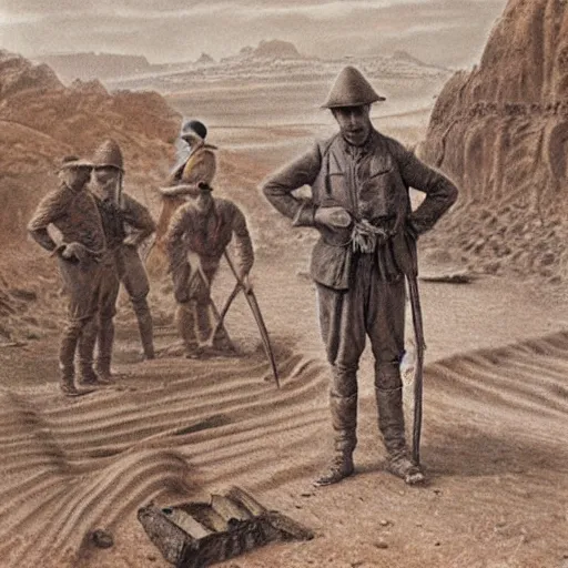 Prompt: ultra detailed photorealistic sepia - toned painting from 1 9 1 7, a british officer in field fear standing at an archaeological dig site in wadi rum, ultra realistic, painted, intricate details, lovecraft, atmospheric, dark, horror, brooding, highly detailed, in the style of clyde caldwell