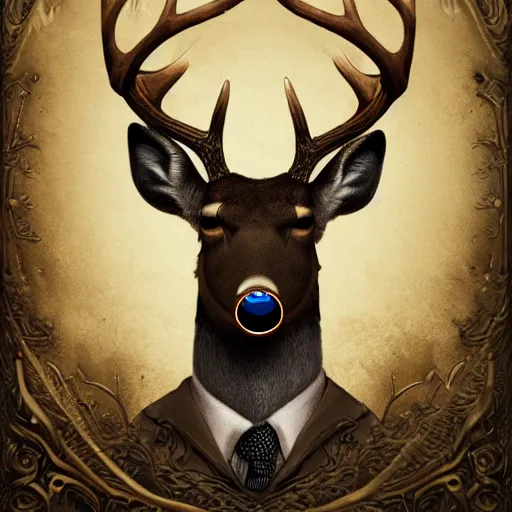 Image similar to a portrait of a deer lord with monocle and top hat, intricate detail, digital art, trending on artstation