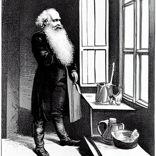 Image similar to karl marx making a cup of coffee. a bird sits on the window ledge screaming at him to hurry up