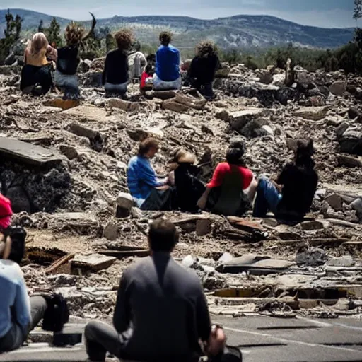 Prompt: people sitting around witnessing the last day of planet earths destruction