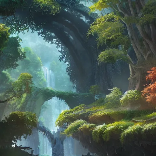 Image similar to an environmental concept art of rivendell by studio ghibli, environmental lighting, cinematic