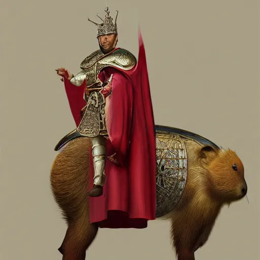 Prompt: highly detailed photorealistic painting of a capybara :: wearing a ultra detailed ornamented gold crown with diamonds, in a highly detailed medieval knight armor with red cape, standing in front of a photorealistic detailed castle, sharp focus in the style of ruan jia, Mandy jurgens, cinematic light, concept art, trending on artstation, ultra realistic, 8k octane render, unreal engine