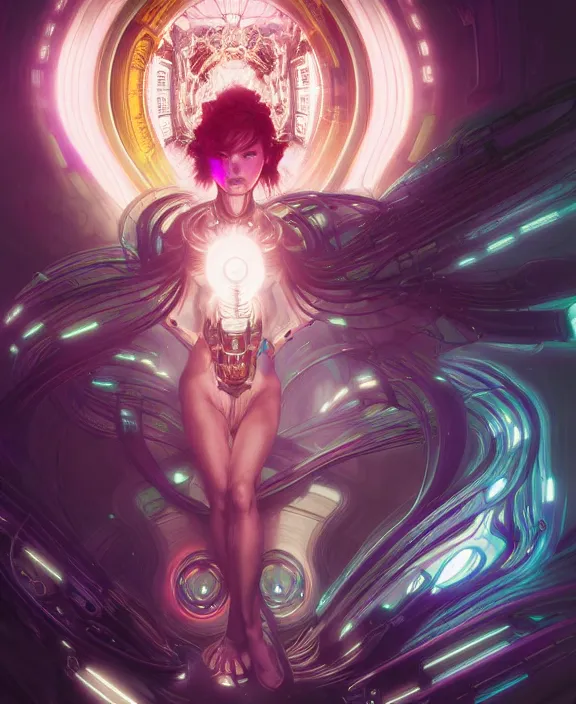 Image similar to whirlwind souls rushing inside metaverse, half body, glowin eyes, tiara, robotic, android, cyborg, cyberpunk face, by loish, d & d, fantasy, intricate, elegant, highly detailed, colorful, vivid color, digital painting, artstation, concept art, art by artgerm and greg rutkowski and alphonse mucha and ruan jia