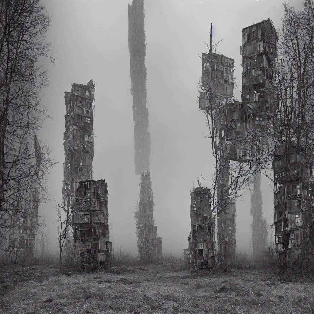 Image similar to two giant towers, made up of makeshift squatter shacks, misty, dystopia, mamiya rb 6 7, fully frontal view, very detailed, photographed by tarkovsky