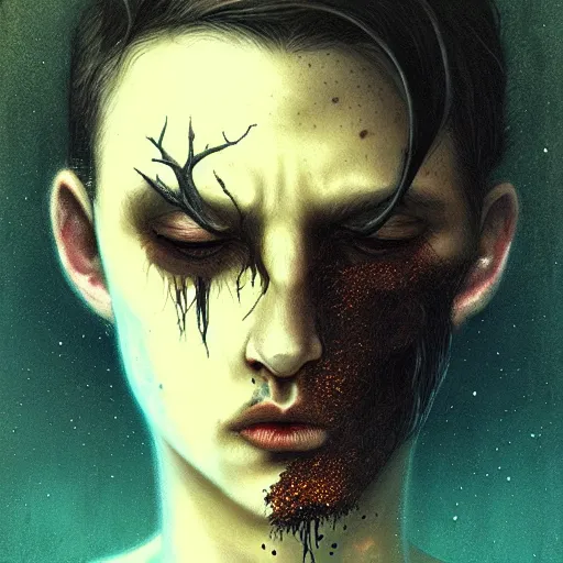 Image similar to sad man, half of face is gone, moss is growing out, despair, thoughts escaping mind, by Anato Finnstark, Tom Bagshaw, Brom