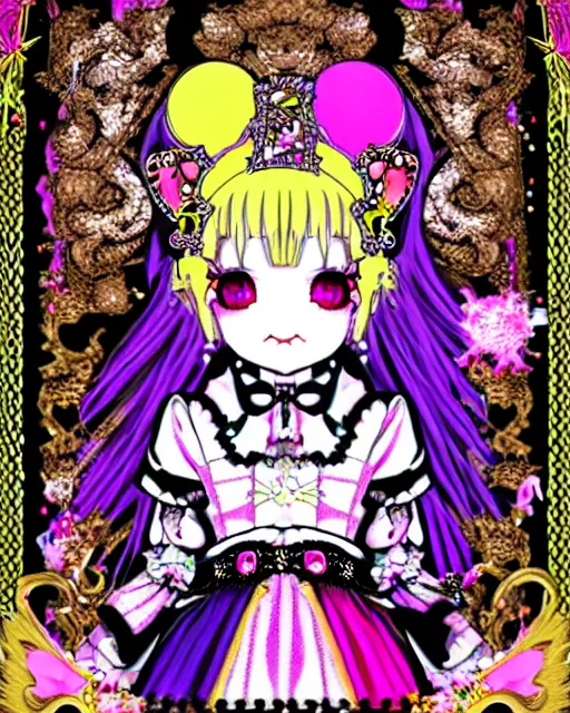 Image similar to baroque bedazzled gothic royalty frames surrounding a pixelsort emo demonic horrorcore japanese beautiful jester decora moe doll, low quality sharpened graphics, remastered chromatic aberration, detailed maximalist sanrio art