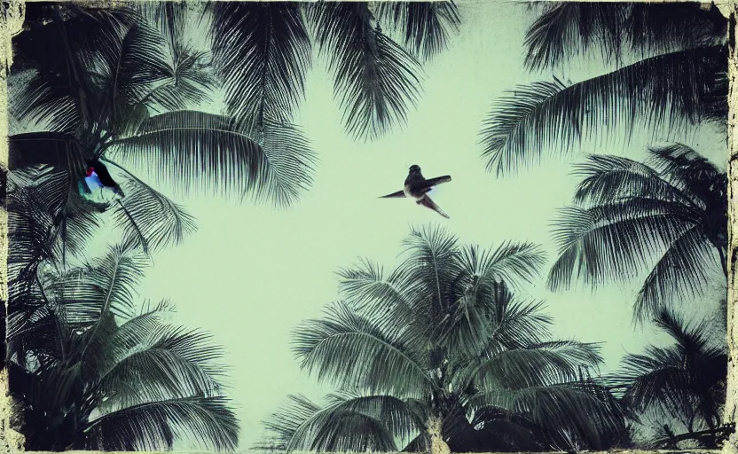 Prompt: tropical wood, birds in the sky, nostalgia, melancholy, pinhole analogue photo quality, lomography, blur, unfocus, cinematic, foil effect, holographic effect, monochrome