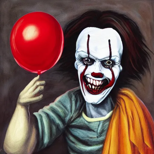 Prompt: grunge painting of david dorbik with a wide smile and a red balloon by chris leib, loony toons style, pennywise style, corpse bride style, horror theme, detailed, elegant, intricate