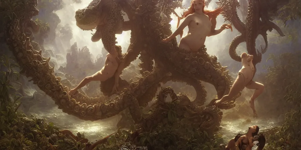 Image similar to Fantasy fairytale story, Great Leviathan Turtle, cephalopod, Cthulhu Squid, Mysterious Island, center Universe, accompany hybrid, Mystical Valkyrie Cyborg, Anubis Reptilian, Atlantean Warrior, intense fantasy atmospheric lighting, hyperrealistic, William-Adolphe Bouguereau, François Boucher, Jessica Rossier, Michael Cheval, michael whelan, Cozy, hot springs hidden Cave, Forest, candlelight, natural light, lush plants and flowers, Spectacular Mountains, bright clouds, luminous stellar sky, outer worlds, Solar Flare Unreal Engine, HD,