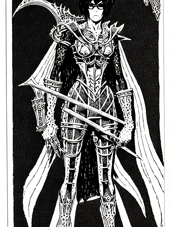 Image similar to bayonetta as a d & d monster, full body, pen - and - ink illustration, etching, by russ nicholson, david a trampier, larry elmore, 1 9 8 1, hq scan, intricate details, stylized border