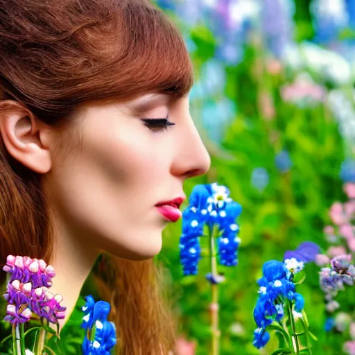 Image similar to a photo art of a romantic woman with flowers grow out of hair, roses peonies forget-me-nots dahlias lupins gladioli, sky theme in background, 35mm Photograph, 4K Resolution, Astrophotography, Digital Art, Trending on artstation