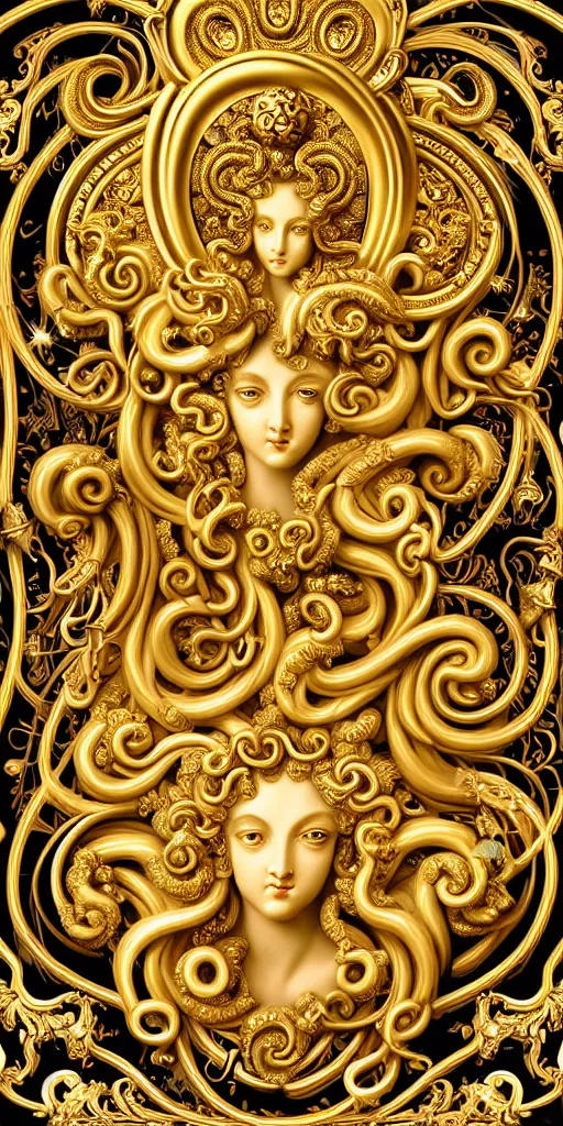 Prompt: the source of future growth dramatic, elaborate emotive Golden Baroque and Rococo styles to emphasise beauty as a transcendental, seamless pattern, symmetrical, large motifs, versace medusa logo, bvlgari jewelry, rainbow liquid splashing and flowing, Palace of Versailles, 8k image, supersharp, spirals and swirls in rococo style, medallions, iridescent black and rainbow colors with gold accents, perfect symmetry, High Definition, photorealistic, masterpiece, smooth gradients, high contrast, 3D, no blur, sharp focus, photorealistic, insanely detailed and intricate, cinematic lighting, Octane render, epic scene, 8K