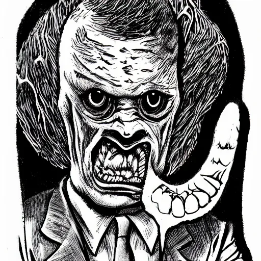 Image similar to a Pop Wonder scary horror themed goofy-hilarious-swamp-bog-monster-spaced-out-dead-head-with-space-in-his-oraphus, 3-piece-suit, dime-store-comic drawn with charcoal and pen and ink, half-tone-line-stacking