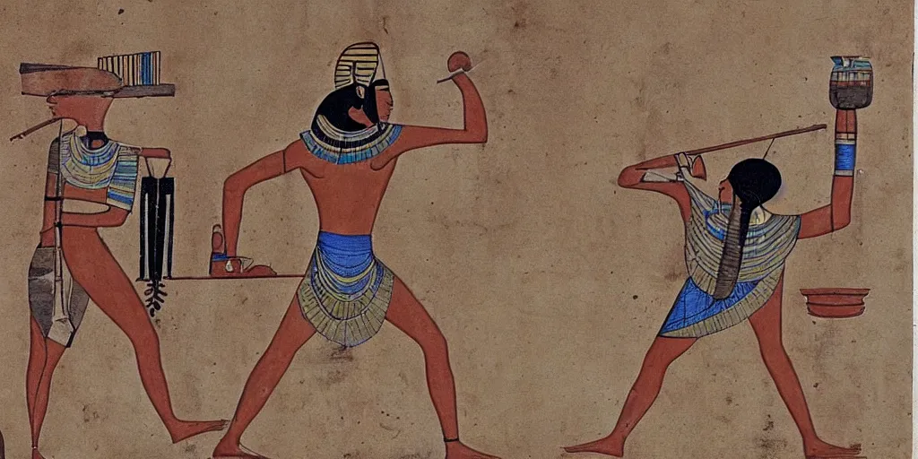 Image similar to Egyptian drawing of a man using a shake weight, ancient, photorealistic