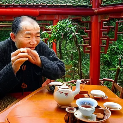 Image similar to zhuangzi drinking chinese tea in a chinese tea house, smiling, introspective, deep mystical knowledge