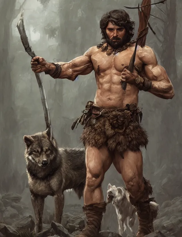 Image similar to portrait of a gruff ranger holding a spear, accompanied by a wolf dog, muscular, upper body, hairy body, D&D, fantasy, intricate, elegant, highly detailed, digital painting, artstation, concept art, matte, sharp focus, illustration, art by Artgerm and Greg Rutkowski and Alphonse Mucha