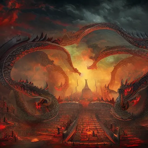 Image similar to huge temple in hell with dragons in the sky behind it circling like vultures, surreal, sharp focus, digital art, epic composition, concept art, dynamic lighting, intricate, highly detailed