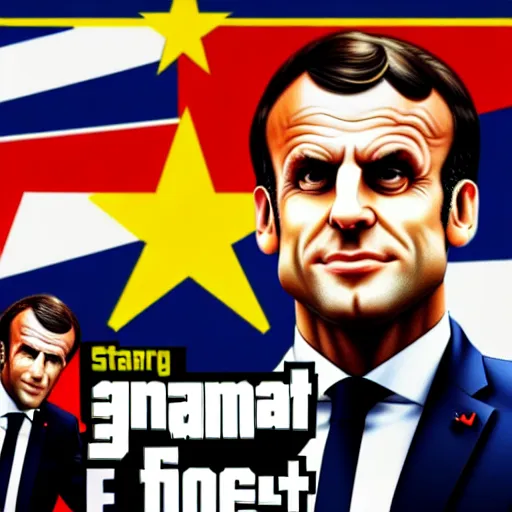 Image similar to emmanuel macron in a gta v cover art by stephen bliss