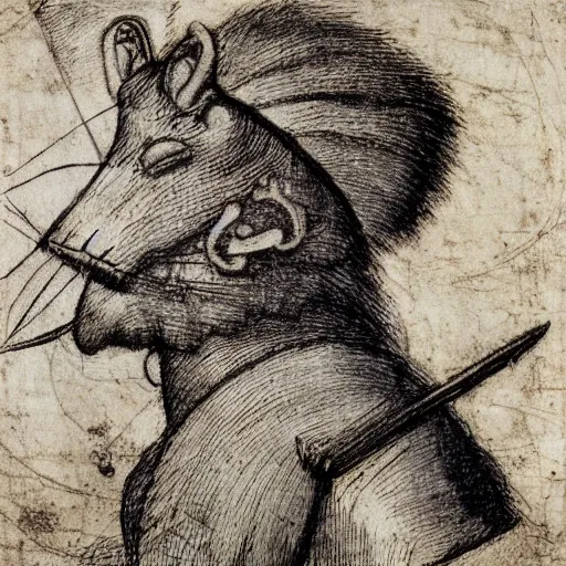 Prompt: Rat Warrior wearing a head band with a scar on it by Leonardo DaVinci