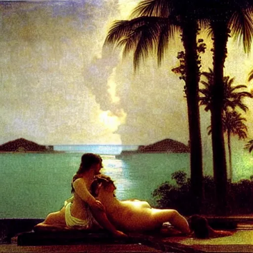 Image similar to Silhouette of two girls at the palace, thunderstorm, greek pool, beach and palm trees on the background major arcana sky, by paul delaroche, alphonse mucha and arnold böcklin arnold böcklin hyperrealistic 8k, very detailed