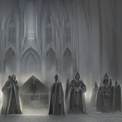 Image similar to a detailed matte painting of a cabal of high priests in black robes with black eyes, concept art, evil cathedral, incense smoke drifting through the air, portrait, artstation, volumetric lighting, exquisite detail, octane render, 8 k postprocessing