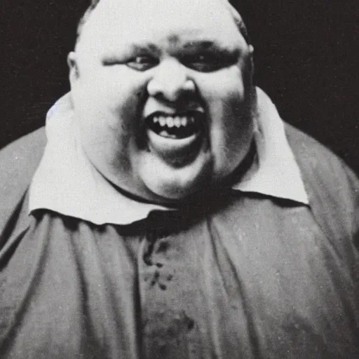 Prompt: antique photograph of an evil catholic priest, cracked and faded photo paper, morbidly obese, crazy eyes wide open, horror, staring at the camera with hate, headshot, dark background, low light, dark